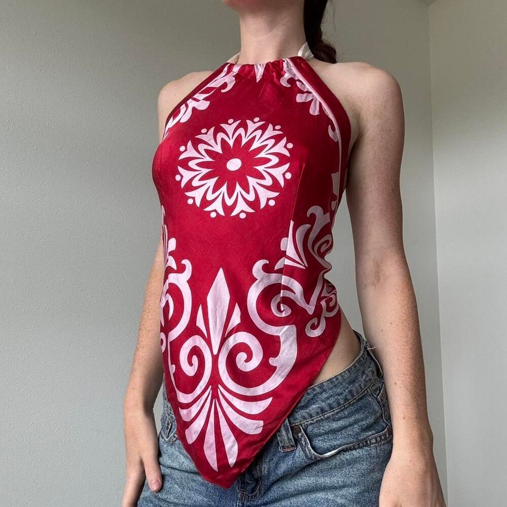 Bebe y2k red silk open back halter top - Picture 1 of 7